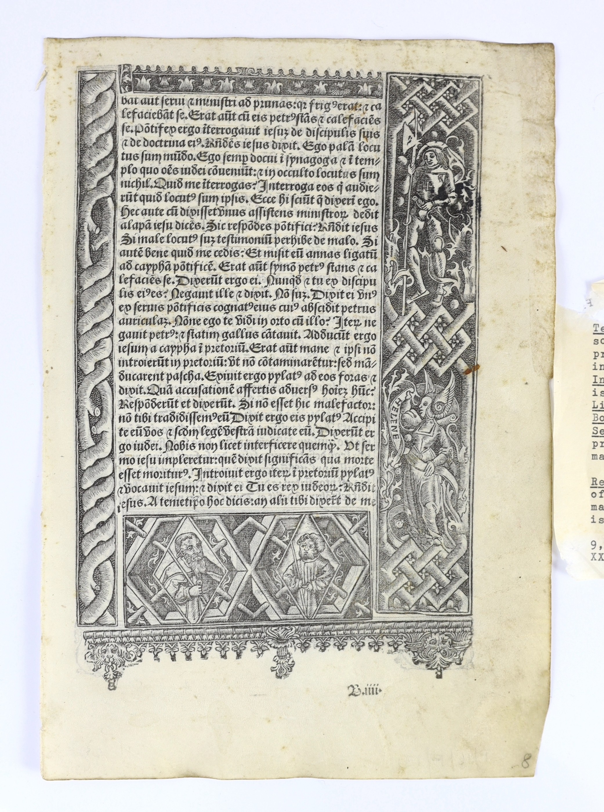 A leaf from an early 16th century French Book of Hours, circa 1520, the printing attributed to Germain Hardouyn of Paris, in Gothic type Latin, with the first letter of each sentence highlighted in pale yellow, within wo